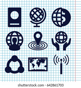 Set of 9 global filled icons such as signal tower, passport, map location, holding globe, connection, globe