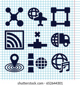 Set of 9 global filled icons such as map location, globe and plane, international music, wi-fi, share, international delivery, network connection