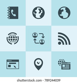 Set Of 9 Global Filled Icons Such As Adress Book, Communication, Globe, Browser, Web Browser, Wi-fi, Pin