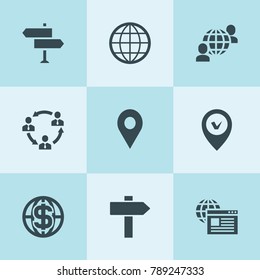 Set of 9 global filled icons such as communication, globe, web browser, global communication, business, signpost, map pin, pin