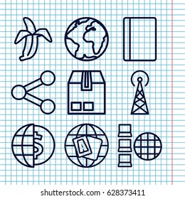 Set of 9 global outline icons such as signal tower, passport, globe, banana, cargo container, globe dollar, share, internet