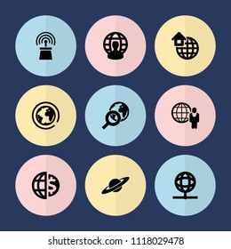 Set of 9 globe filled icons such as global home, user globe, planet