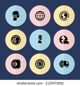 Set of 9 globe filled icons such as plane, globe, international delivery, medical mask, cpu planet