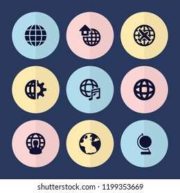 Set of 9 globe filled icons such as globe, plane, global home, user globe, clobe gear