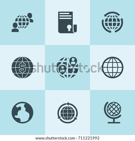 Set of 9 globe filled icons such as sertificate, globe