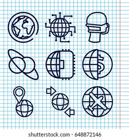 Set of 9 globe outline icons such as plane, medical mask, qround the globe, planet and satellite, cpu planet