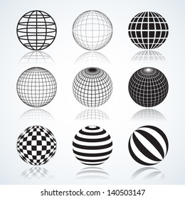 Set of 9 Globes, Abstract Elliptical Design Elements Vector illustrations isolated on white background, useful infographic and logo templates.