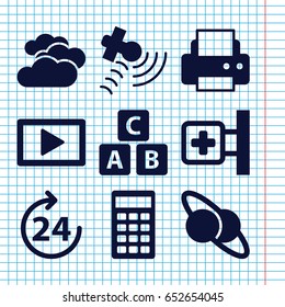 Set of 9 glossy filled icons such as 24 hours, cloudy weather, abc cube, printer, medical cross, satellite, calculator, play