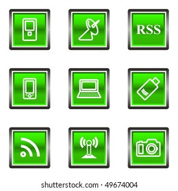 Set of 9 glossy square web icons (set 1). Green color.