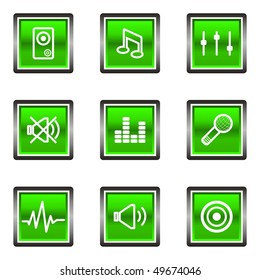 Set of 9 glossy square web icons (set 15). Green color.