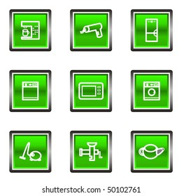 Set of 9 glossy square web icons (set 32). Green color.