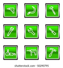 Set of 9 glossy square web icons (set 31). Green color.