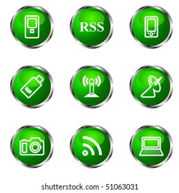 Set of 9 glossy web icons (set 1). Green color.