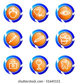 Set of 9 glossy web icons (set 6). Isolated button in various color.
