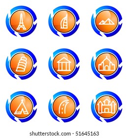 Set of 9 glossy web icons (set 11). Isolated button in various color.