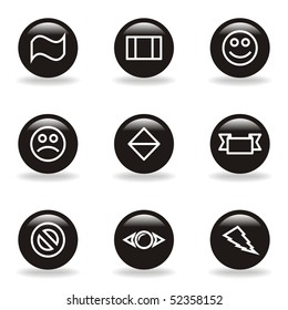 Set of 9 glossy web icons (set 8). Black circle with reflection and shadow.