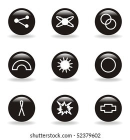 Set of 9 glossy web icons (set 10). Black circle with reflection and shadow.