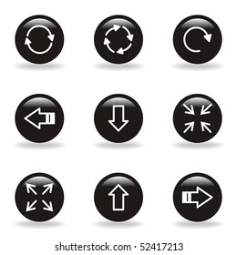 Set of 9 glossy web icons (set 2). Black circle with reflection and shadow.