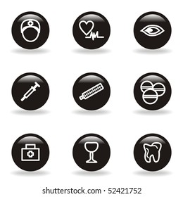 Set of 9 glossy web icons (set 6). Black circle with reflection and shadow.