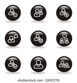 Set of 9 glossy web icons (set 7). Black circle with reflection and shadow.