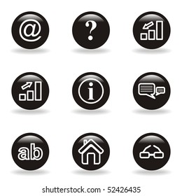 Set of 9 glossy web icons (set 13). Black circle with reflection and shadow.