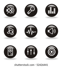 Set of 9 glossy web icons (set 15). Black circle with reflection and shadow.