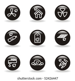 Set of 9 glossy web icons (set 17). Black circle with reflection and shadow.