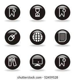 Set of 9 glossy web icons (set 22). Black circle with reflection and shadow.