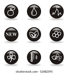 Set of 9 glossy web icons (set 19). Black circle with reflection and shadow.