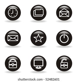 Set of 9 glossy web icons (set 21). Black circle with reflection and shadow.