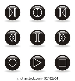 Set of 9 glossy web icons (set 23). Black circle with reflection and shadow.