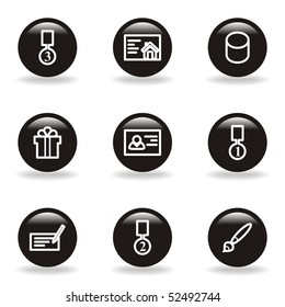 Set of 9 glossy web icons (set 25). Black circle with reflection and shadow.