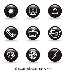 Set of 9 glossy web icons (set 26). Black circle with reflection and shadow.