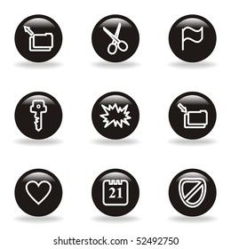 Set of 9 glossy web icons (set 27). Black circle with reflection and shadow.