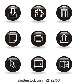Set of 9 glossy web icons (set 28). Black circle with reflection and shadow.