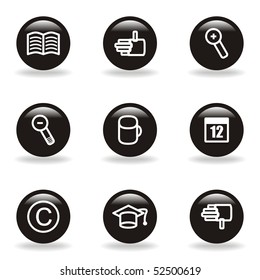 Set of 9 glossy web icons (set 20). Black circle with reflection and shadow.