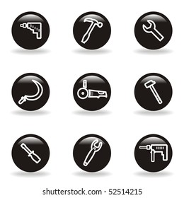 Set of 9 glossy web icons (set 31). Black circle with reflection and shadow.