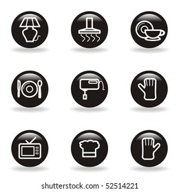 Set of 9 glossy web icons (set 33). Black circle with reflection and shadow.