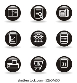 Set of 9 glossy web icons (set 36). Black circle with reflection and shadow.