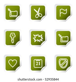 Set of 9 glossy web icons (set 27). Green square with corner.