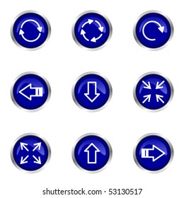 Set of 9 glossy web icons (set 2). Blue circle with reflection.