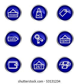 Set of 9 glossy web icons (set 9). Blue circle with reflection.