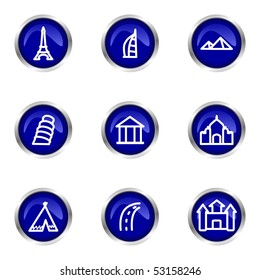 Set of 9 glossy web icons (set 11). Blue circle with reflection.