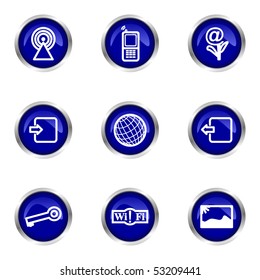 Set of 9 glossy web icons (set 14). Blue circle with reflection.