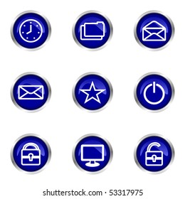 Set of 9 glossy web icons (set 21). Blue circle with reflection.