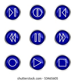 Set of 9 glossy web icons (set 23). Blue circle with reflection.