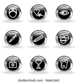 Set of 9 glossy web icons (set 6). Black circle with star reflection and shadow.