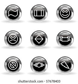 Set of 9 glossy web icons (set 8). Black circle with star reflection and shadow.