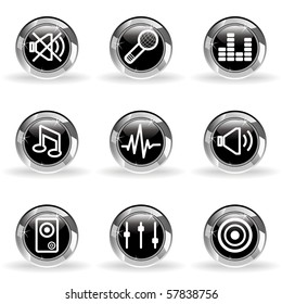 Set of 9 glossy web icons (set 15). Black circle with star reflection and shadow.