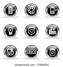 Set of 9 glossy web icons (set 16). Black circle with star reflection and shadow.